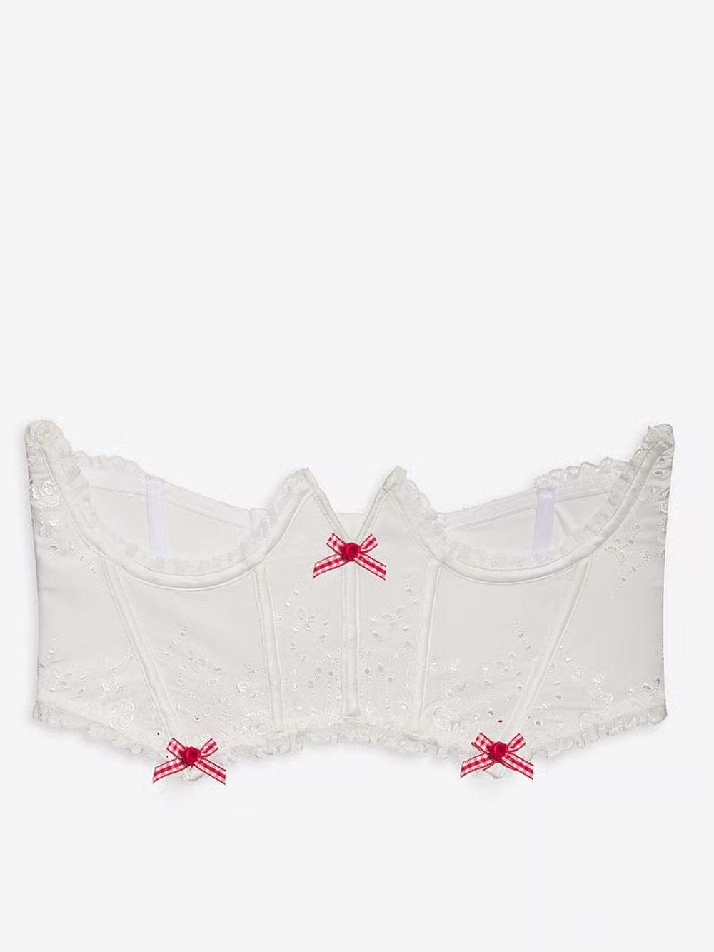 For Love & Lemons White Embroidered Longline Bustier Checkered Red Bows NWT